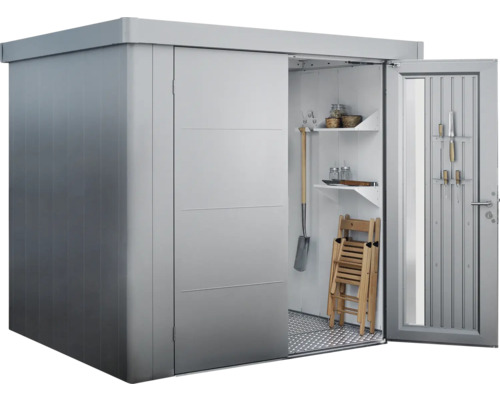 Abri de jardin métallique avec porte coulissante, étagère et outils