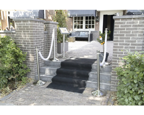 Eingangsbereich mit Absperrpfosten, Seilen und schwarzem Teppich auf Treppe.