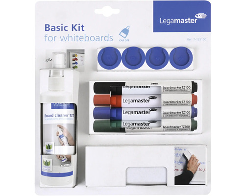 Kit de base Legamaster pour tableaux blancs avec marqueurs, nettoyant, aimants et éponge
