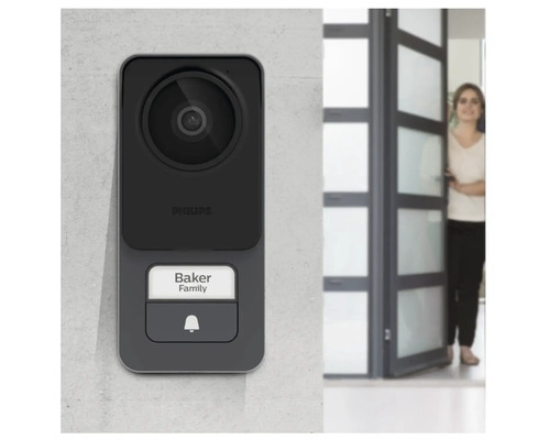Sonnette Philips avec caméra et porte-nom sur un mur