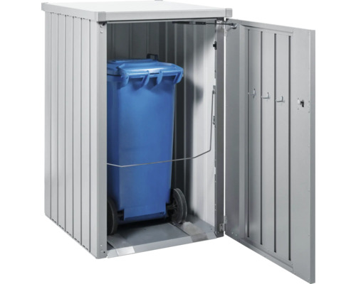 Cache-conteneur avec porte ouverte et poubelle bleue