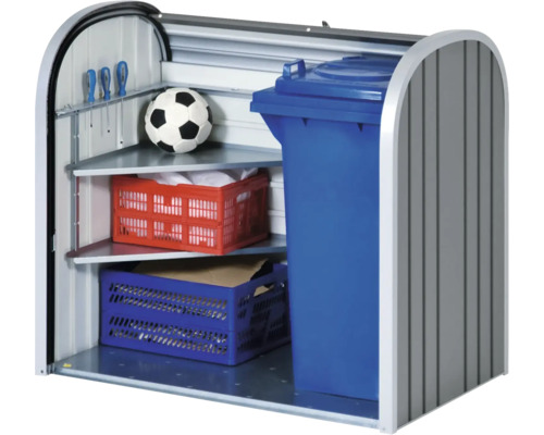 Mülltonnenbox mit Regalen zur Aufbewahrung von Gegenständen und einer Mülltonne