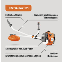 Coupe-bordures Husqvarna 122R avec fonctions de démarrage et de rechargement faciles du fil de coupe, interrupteur d''arrêt avec réinitialisation automatique, pompe à carburant pour un démarrage rapide et fonctionnement intuitif