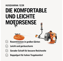 Débroussailleuse Husqvarna 122R pour une coupe confortable et légère des pelouses dans les grands jardins, avec arbre droit et double harnais.