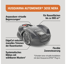Husqvarna Automower 305E NERA mit anpassbaren virtuellen Begrenzungen für Rasenflächen bis 900 Quadratmeter. EdgeCut reduziert manuelles Trimmen der Rasenkanten, systematisches Mähen mit wählbaren Mustern, flexible Zonensteuerung. Husqvarna Logo.