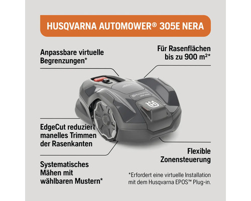 Husqvarna Automower 305E NERA mit anpassbaren virtuellen Begrenzungen für Rasenflächen bis 900 Quadratmeter. EdgeCut reduziert manuelles Trimmen der Rasenkanten, systematisches Mähen mit wählbaren Mustern, flexible Zonensteuerung. Husqvarna Logo.
