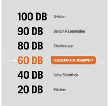 Vergleich der Lautstärke in Dezibel von U-Bahn, Benzinrasenmäher, Staubsauger, Husqvarna Automower, leiser Bibliothek und Flüstern