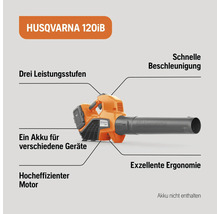 Souffleur de feuilles à batterie Husqvarna 120iB avec trois niveaux de puissance, accélération rapide, excellente ergonomie et moteur à haut rendement. Batterie non incluse.