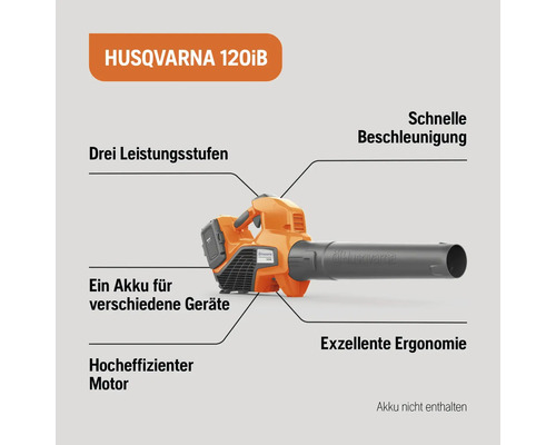 Souffleur de feuilles à batterie Husqvarna 120iB avec trois niveaux de puissance, accélération rapide, excellente ergonomie et moteur à haut rendement. Batterie non incluse.
