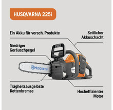 Husqvarna 225i Akku Kettensäge mit Informationen zu Akku, Geräuschpegel, Akkuschacht, Kettenbremse und Motor.