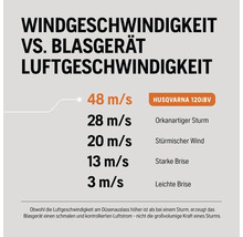 Windgeschwindigkeit im Vergleich zur Luftgeschwindigkeit des Laubbläsers Husqvarna 120iBV