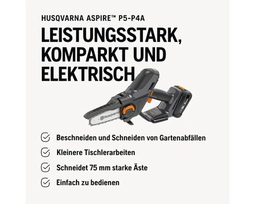 Tronçonneuse à batterie Husqvarna Aspire P5-P4A pour tailler les déchets de jardin et pour les petits travaux de menuiserie