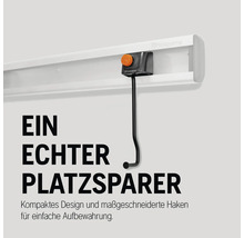 Husqvarna Logo. Aufbewahrungssystem mit Haken zur einfachen Aufbewahrung.