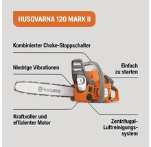 Husqvarna 120 Mark II Motorsäge mit kombiniertem Choke-Stoppschalter, niedrigen Vibrationen, kraftvollem Motor und Zentrifugal-Luftreinigungssystem