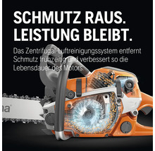 Husqvarna Kettensäge mit Darstellung des Zentrifugal-Luftreinigungssystems zur frühzeitigen Schmutzentfernung und Verbesserung der Motorlebensdauer
