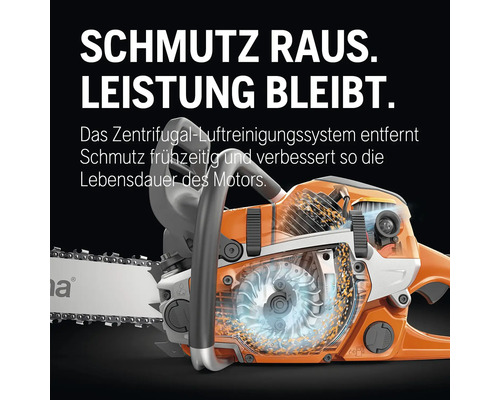 Husqvarna Kettensäge mit Darstellung des Zentrifugal-Luftreinigungssystems zur frühzeitigen Schmutzentfernung und Verbesserung der Motorlebensdauer