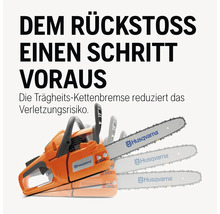 Darstellung einer Husqvarna Kettensäge mit dem Hinweis, dass die Trägheitskettenbremse das Verletzungsrisiko reduziert.