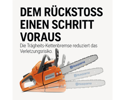 Darstellung einer Husqvarna Kettensäge mit dem Hinweis, dass die Trägheitskettenbremse das Verletzungsrisiko reduziert.