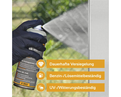 Sprühdose Klarlack in Anwendung für dauerhafte Versiegelung, Benzin- und Lösemittelbeständigkeit sowie UV- und Witterungsbeständigkeit.