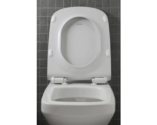 WC suspendu blanc avec couvercle de toilette ouvert et logo Duravit