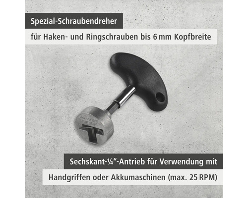 Tournevis spécial pour vis à crochet et vis à anneau jusqu''à 6 mm de largeur de tête avec entraînement hexagonal d''un quart de pouce