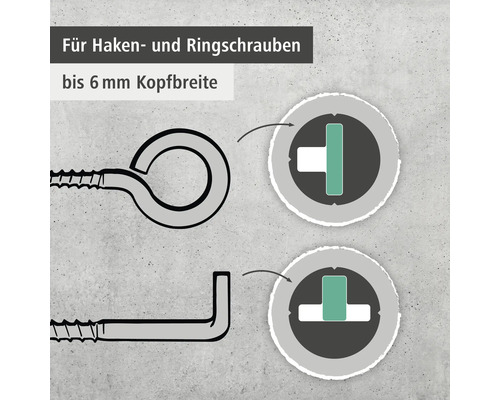 Illustration de l''utilisation de vis à crochet et à anneau jusqu''à 6 millimètres de largeur de tête