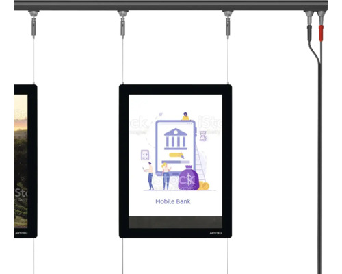 Aufhängesystem mit zwei Digitaldisplays an einer Schiene