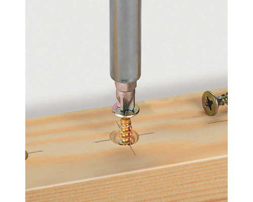 Schraube wird mit Schraubendreher in Holz geschraubt