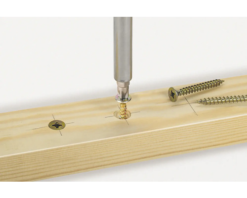 Schraube wird mit Schraubendreher in ein Holzbrett geschraubt