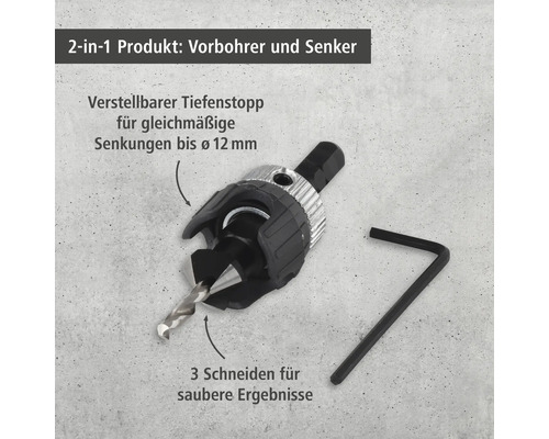 2-in-1 Vorbohrer und Senker mit Tiefenstopp und Inbusschlüssel