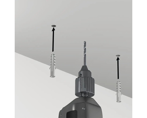 Illustration einer Bohrmaschine und Dübel, die in eine Decke eingesetzt werden.