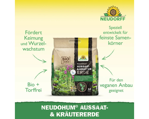 Neudorff NeudoHum Aussaat- und Kräutererde zur Förderung von Keimung und Wurzelwachstum, torffrei und für den veganen Anbau geeignet.