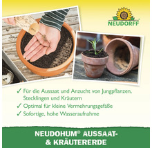 Neudorff Logo. Aussaaterde und Kräutererde in Töpfen zur Aufzucht von Jungpflanzen, Stecklingen und Kräutern.
