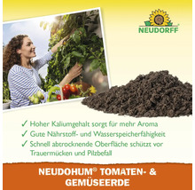 Logo de Neudorff. Terreau pour tomates et légumes Neudohum à côté d''une femme récoltant des tomates.