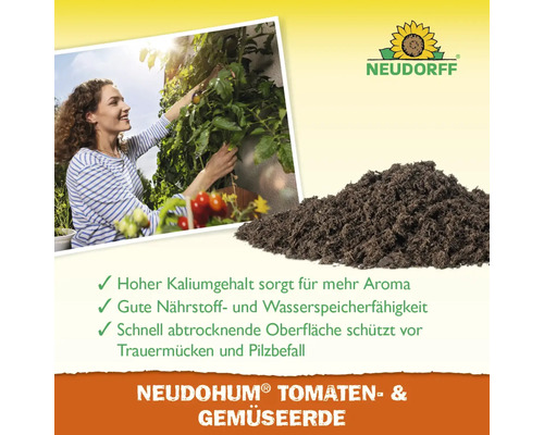 Logo de Neudorff. Terreau pour tomates et légumes Neudohum à côté d''une femme récoltant des tomates.