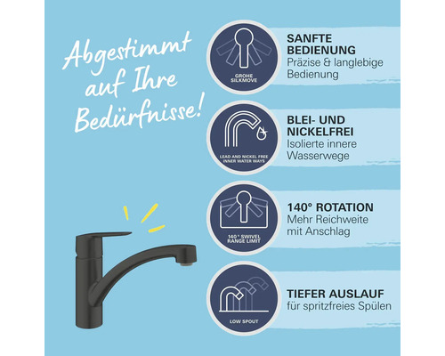 Armatur mit Produkteigenschaften: Sanfte Bedienung, blei- und nickelfreie Wasserwege, 140 Grad Rotation und tiefer Auslauf