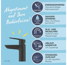 Armatur mit Merkmalen wie Energiesparen, Wassersparen, Blei- und Nickelfreiheit, Ablaufgarnitur und Standardauslauf