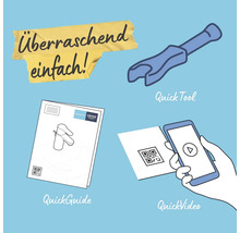 Darstellung der Grohe QuickFix-Technologie mit Werkzeug, Anleitung und Video