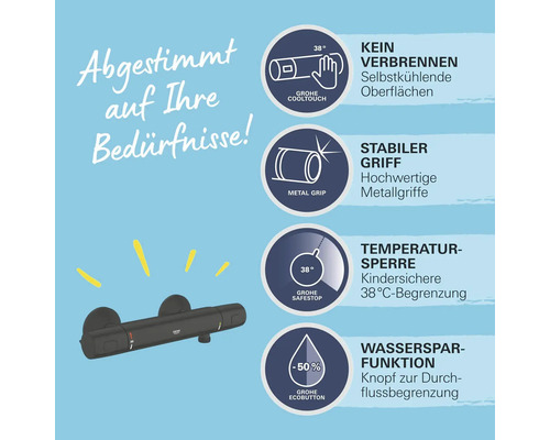 Robinet thermostatique Grohe avec fonction CoolTouch, poignées en métal, butée de température et fonction d''économie d''eau