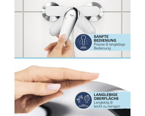 Logo Grohe, robinet avec fonction Grohe SilkMove pour une utilisation en douceur et Grohe Long-Life Finish pour une surface durable