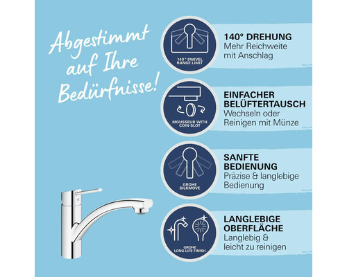 Robinet avec informations sur la plage de pivotement, le remplacement de l''aérateur, le fonctionnement et la surface