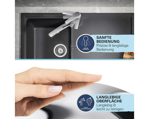 Évier avec robinet et les labels Grohe Silkmove pour une utilisation en douceur et Grohe Long-Life Finish pour une surface durable