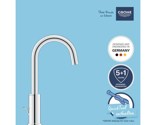 Grohe Wasserhahn mit Hinweisen zu deutscher Entwicklung, Garantie und QuickTool
