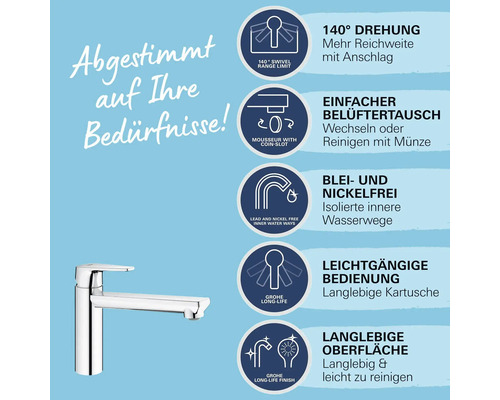 Armatur mit Produktmerkmalen wie 140 Grad Schwenkbereich, einfachem Belüfteraustausch, Blei- und Nickelfreiheit, leichtgängiger Bedienung und langlebiger Oberfläche