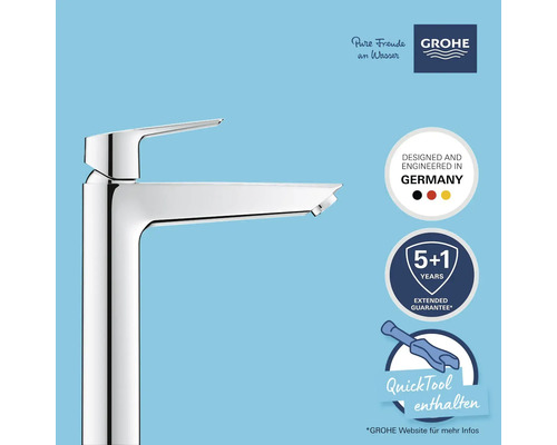 Grohe Einhebel-Waschtischarmatur mit Grohe Logo, Siegel Designed and Engineered in Germany, fünf plus ein Jahr erweiterte Garantie und QuickTool