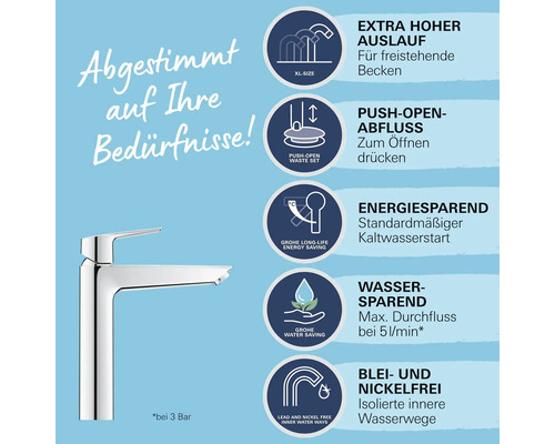 Produktinformationen zu einem Wasserhahn mit Merkmalen wie hohem Auslauf, Push-Open-Abluss, energiesparend, wassersparend sowie blei- und nickelfreien Wasserwegen