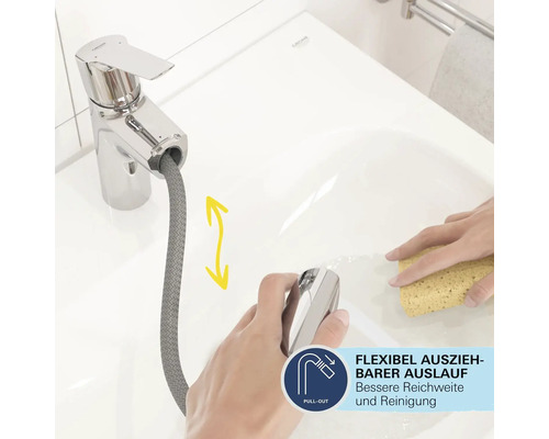 Waschtischarmatur mit herausziehbarer Handbrause im Einsatz