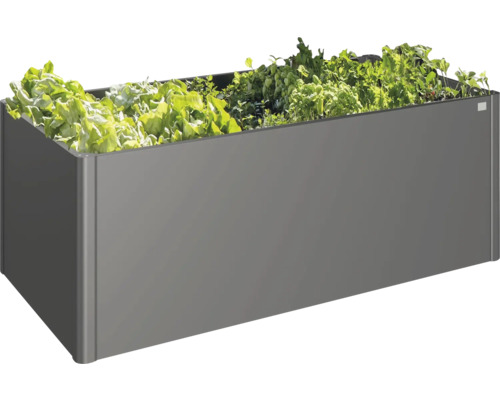 Jardinière rectangulaire en métal avec plantes vertes.