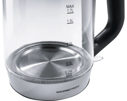 Detailansicht eines transparenten Gourmetmaxx Wasserkochers mit Füllstandsanzeige