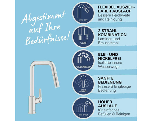Küchenarmatur mit ausziehbarem Auslauf, zwei Strahlarten, blei- und nickelfreien Wasserwegen, leichtgängiger Bedienung und hohem Auslauf